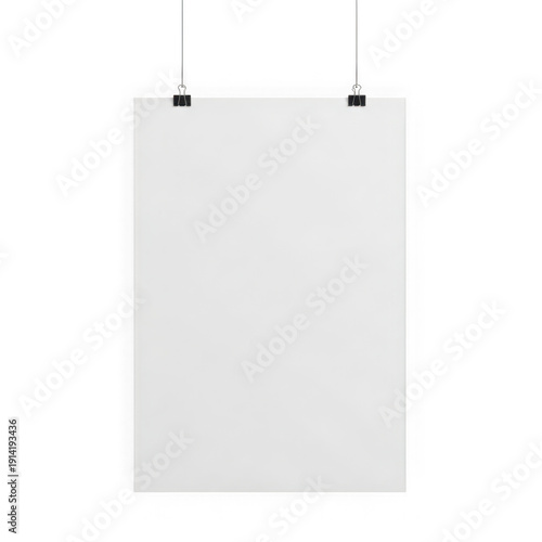 Blank white poster hanging on a wall with two small clips at the top isolated on transparent background