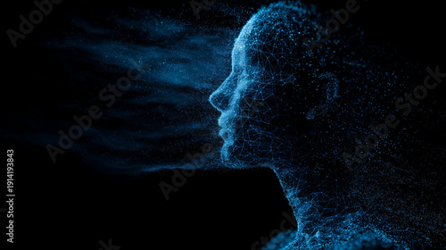 blue digital particles form the profile of an ai head on a black background, symbolizing artificial intelligence and technology
