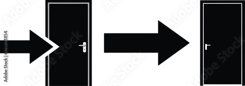 Black and white graphic illustrating a door opening and closing process isolated on white background