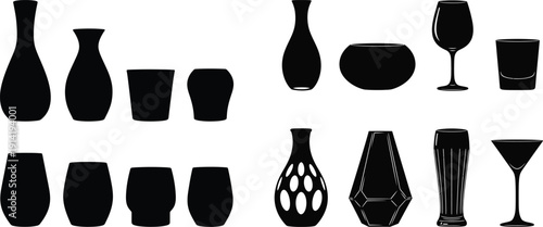 A collection of various black silhouettes of glasses and vases