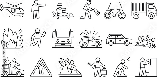 Emergency rescue and accident line icons with fire ambulance helicopter car crash and evacuation vector set