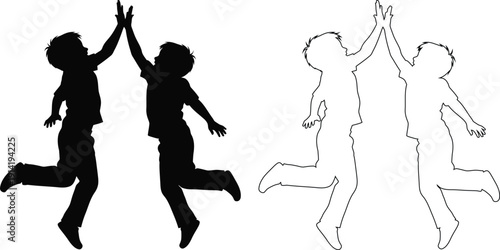 Children celebrating with high-fives and joyful silhouettes against a plain background
