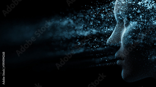 blue digital particles form the profile of an ai head on a black background, symbolizing artificial intelligence and technology