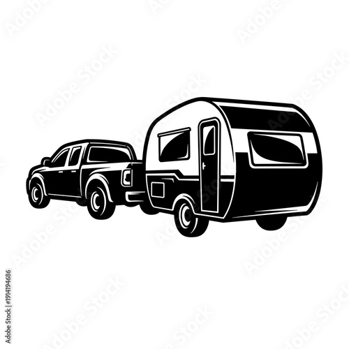 Black and white vector pickup truck towing travel trailer, RV camping caravan silhouette icon