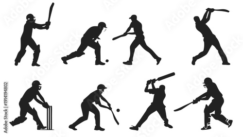 Silhouettes of male cricket players in action on a white background batsman bowler