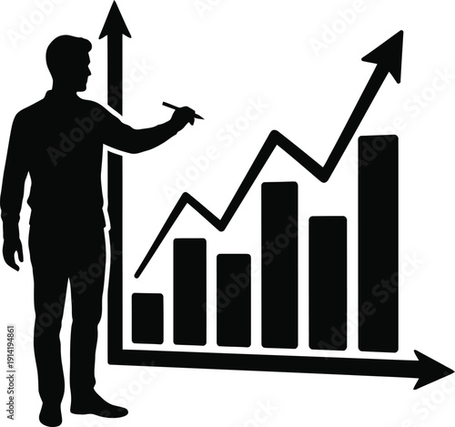 Silhouette of a businessman drawing an upward trending bar graph and arrow, representing business growth, success, and positive financial trends.
