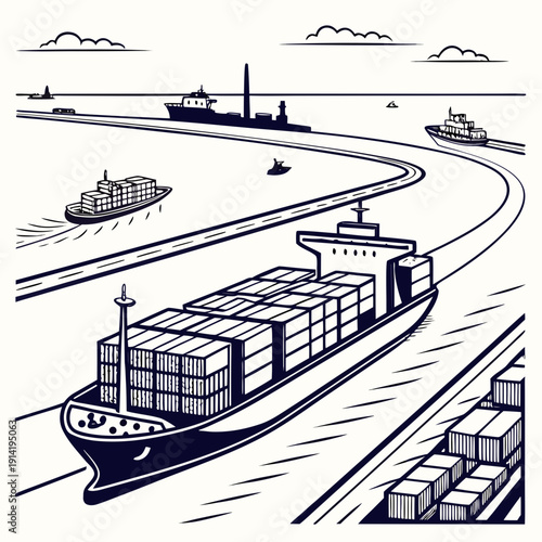 Cargo ship navigating through canal with containers on board and in port