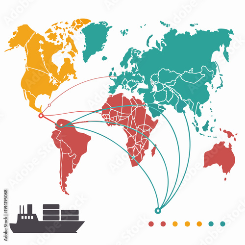 Global shipping routes on map with cargo ship global logistics