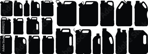 A collection of black silhouettes of various oil cans and jugs