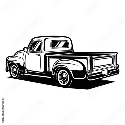 Quadro su tela Black and white vector classic pickup truck rear view, vintage retro truck silho