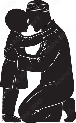 Muslim father and son embracing in silhouette showing love and connection during eid celebration with traditional islamic clothing and prayer cap