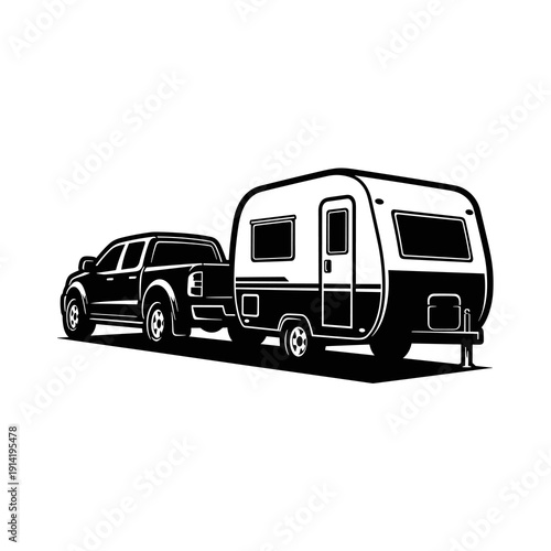 Black and white vector pickup truck towing camper trailer, RV caravan travel silhouette illustration
