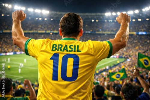 Brazilian Male Football Fan Celebrate in Stadium
