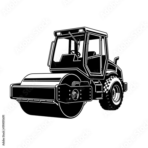 Black and white vector road roller steamroller, construction compactor machine silhouette icon