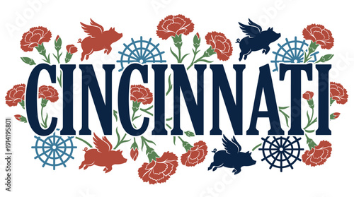 Cincinnati city name with flying pigs and carnations vector illustration