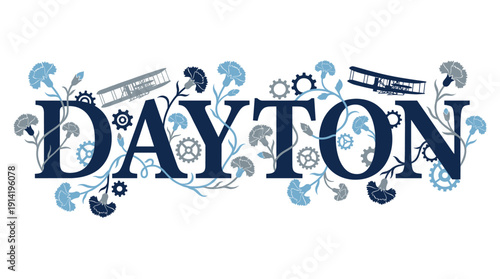 Dayton city typographic design with carnations and biplanes vector illustration