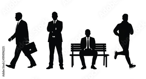 People silhouette set with businessman walking carrying briefcase, suited man standing arms crossed, office worker sitting on bench, and jogger running isolated on white