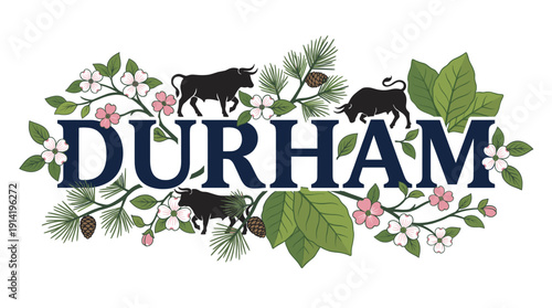Durham North Carolina floral and bull city vector illustration
