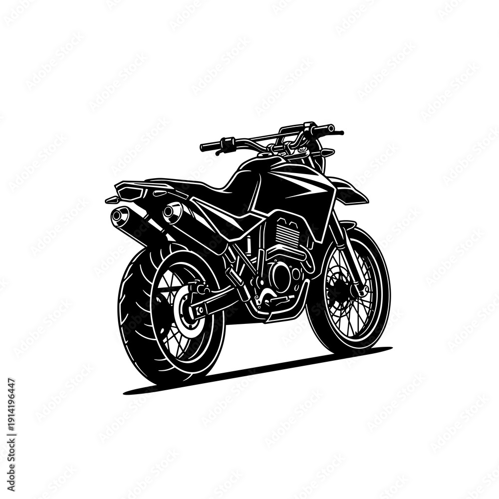 Fototapeta premium Black and white vector dirt bike motorcycle rear view, off road motocross silhouette illustration