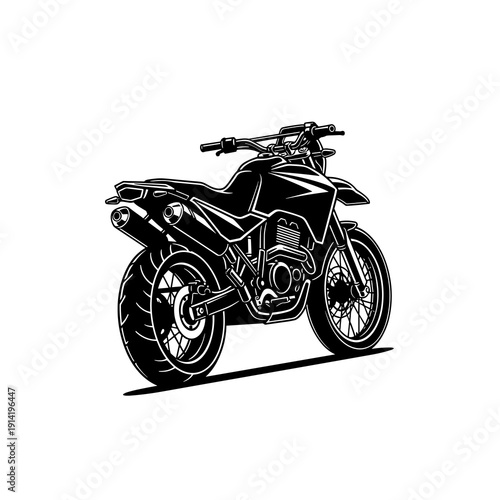 Black and white vector dirt bike motorcycle rear view, off road motocross silhouette illustration