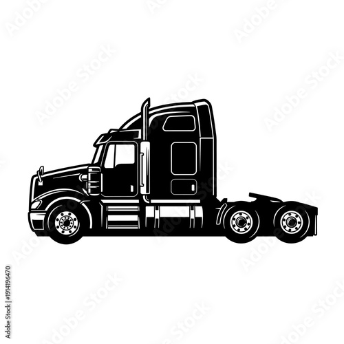 Black and white vector semi truck tractor side view, long haul freight transport silhouette
