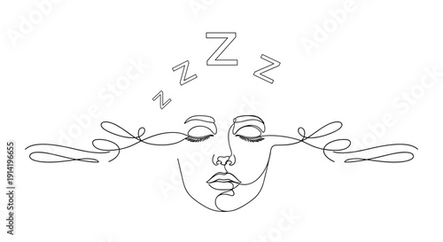 Abstract continuous line art drawing of a sleeping face with zzz symbols above representing rest dreams and peaceful slumber
