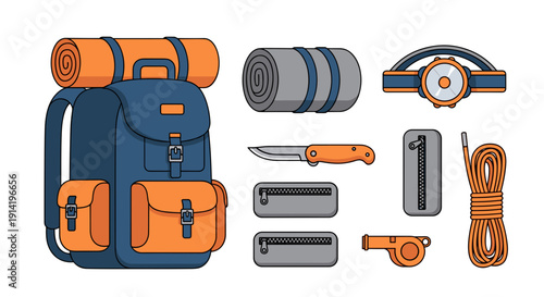 Essential camping gear collection featuring blue backpack sleeping roll compass knife rope and whistle for outdoor adventure