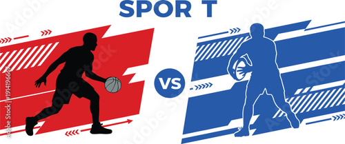 Basketball Competition Versus Graphic with Player Silhouettes in Action on Dynamic Red and Blue Backgrounds for Sports Tournaments Match Previews and Athletic Events