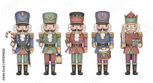 Five traditional wooden nutcracker soldiers standing in a row adorned in colorful festive uniforms holding holiday symbols like
