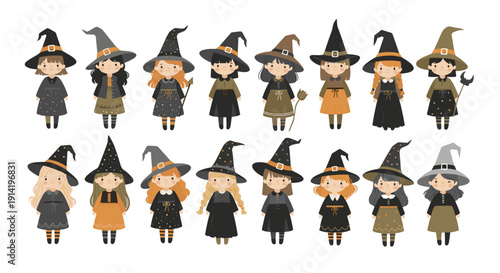 Collection of diverse cartoon witches in pointy hats and cloaks standing in rows representing fantasy characters for halloween