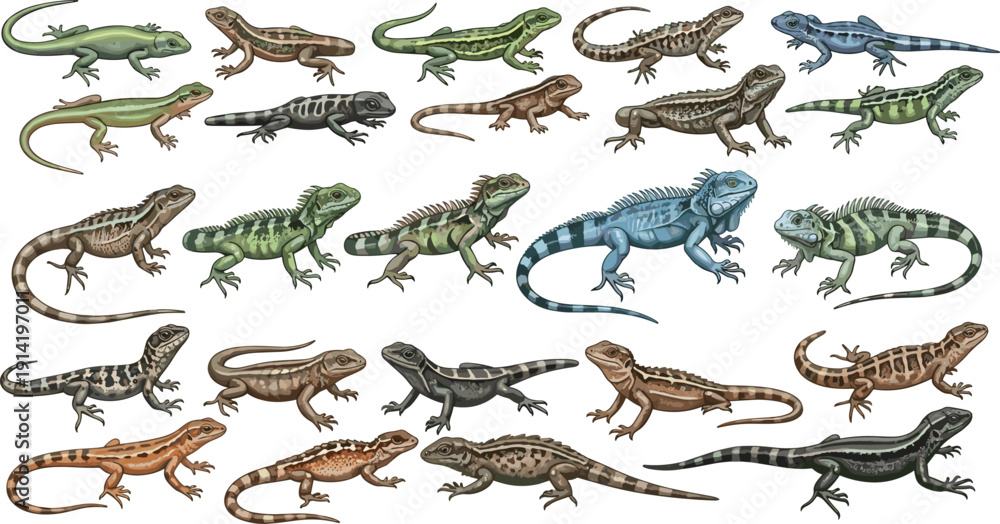 Ταπετσαρία Lizard and Reptile Illustration Set with Diverse Species, Color Variations, and