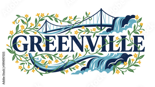 Greenville city landmarks and nature floral vector illustration