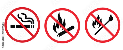 Red no smoking and no fire burning sign representing safety rules, public notice, and hazard prevention design