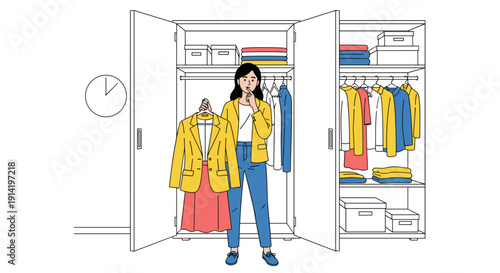 Young woman thoughtfully choosing outfit from a well organized wardrobe with colorful clothes and accessories illustration