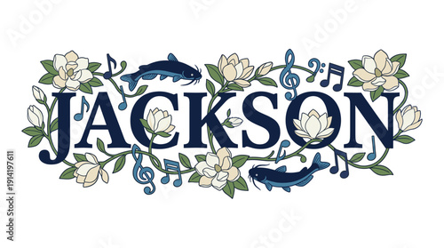 Jackson city name with magnolias and catfish vector illustration