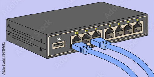 Ethernet cables plugged into network switch ports, illustrating data transfer, server connectivity, and IT infrastructure systems.