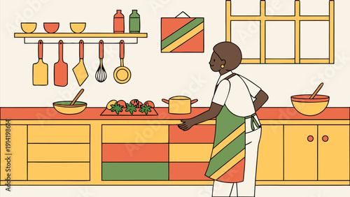 Person cooking international cuisine in a colorful kitchen with various utensils and ingredients