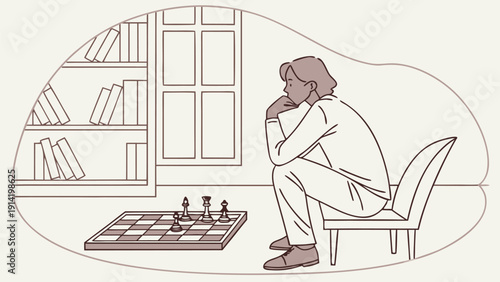 Person sitting alone thinking while playing chess by themselves in a quiet room with books