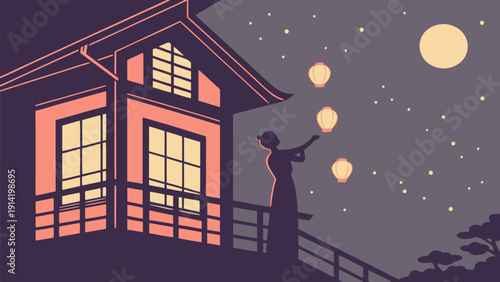 Person releasing glowing lanterns into night sky from house balcony symbolizing gratitude and mindfulness under starry moonlight