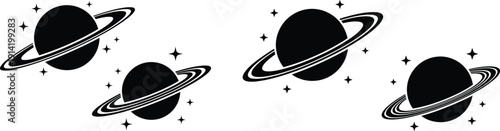 Stylized black planets with rings and stars pattern isolated on white background