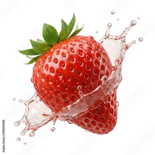 Fresh strawberry splashing in water, isolated on transparent background