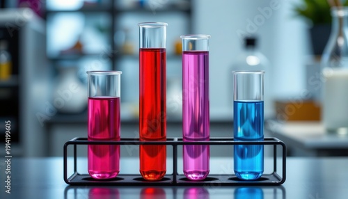 Wallpaper Mural Colorful chemical liquids in test tubes displayed on a black metal rack in a modern laboratory setting Torontodigital.ca