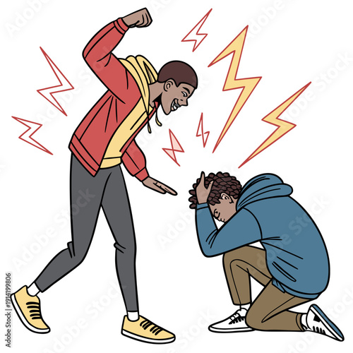 Man yelling at another man crouching in fear with anger and anxiety symbols around them