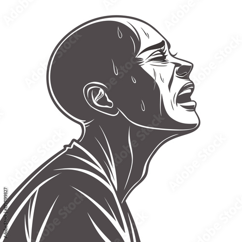 Bald man screaming in anguish with sweat monochrome