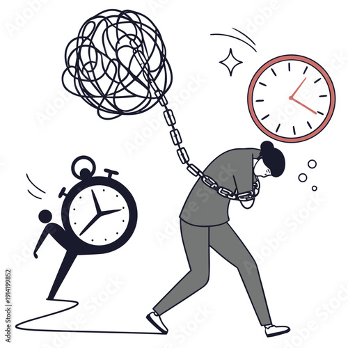 Man chained to clock and stopwatch with tangled line