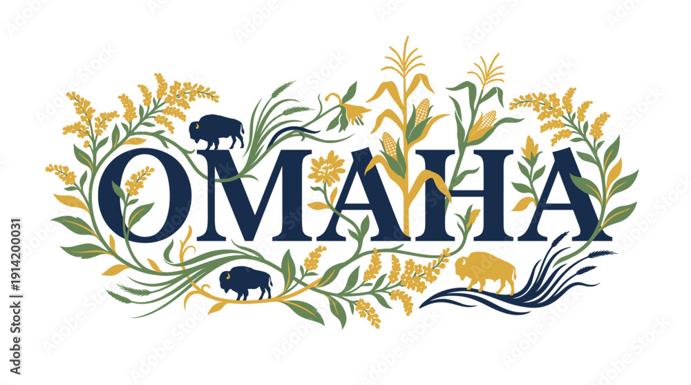Obraz premium Omaha Nebraska city name with bison and corn vector illustration