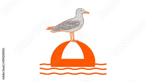 Stylized seagull illustration standing on an orange semi-circle floating on ocean waves, minimalist marine bird graphic art