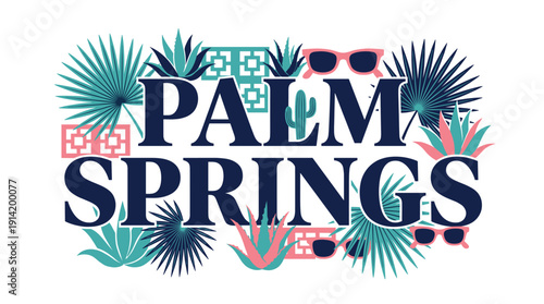 Palm Springs typography with tropical leaves and sunglasses vector illustration