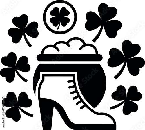 A black and white illustration of a high heel shoe with a pot of gold and shamrocks for St. Patrick's Day