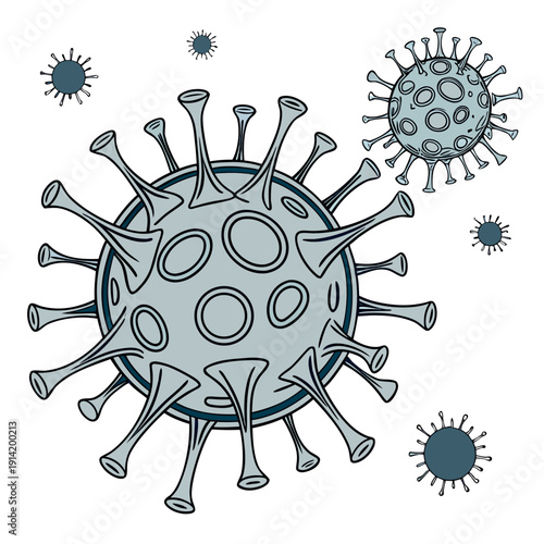 Of blue virus cells with spikes on white background